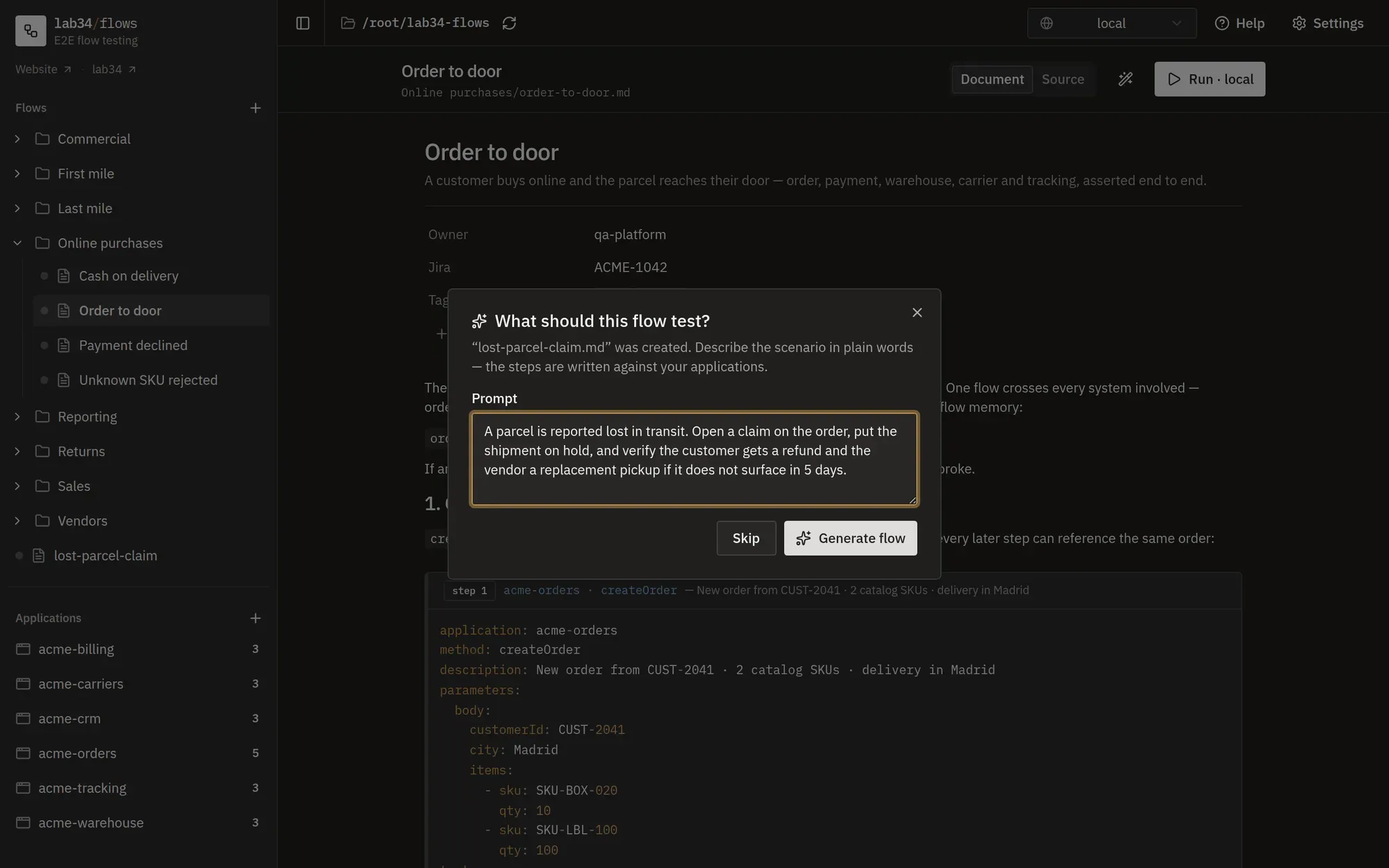 The 'What should this flow test?' dialog after creating a flow with AI: a plain-words prompt describes a lost-parcel claim scenario, with a Generate flow button.
