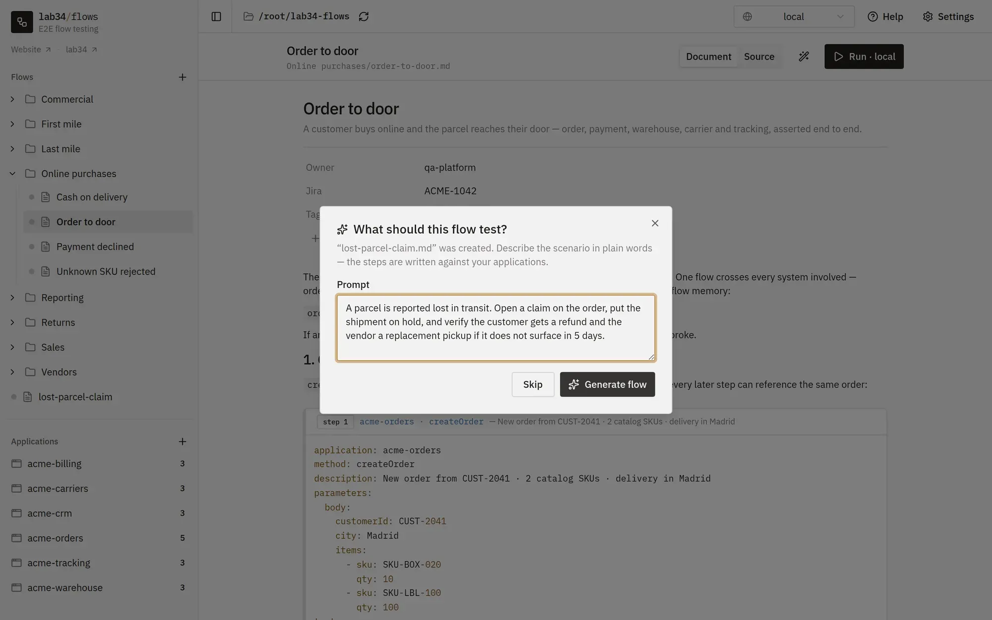 The 'What should this flow test?' dialog after creating a flow with AI: a plain-words prompt describes a lost-parcel claim scenario, with a Generate flow button.