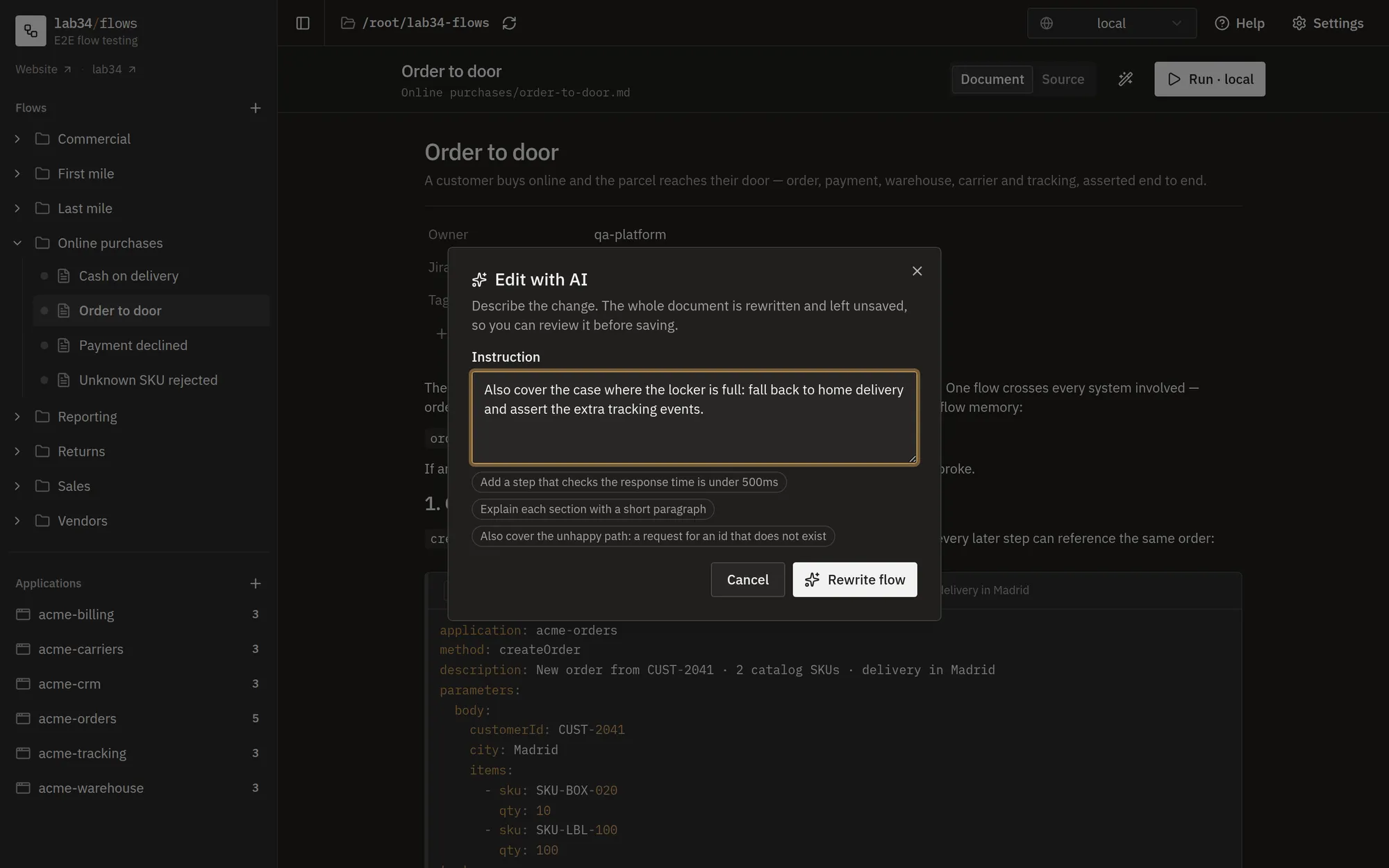 Edit with AI: describe the change and the document is rewritten, left unsaved for review