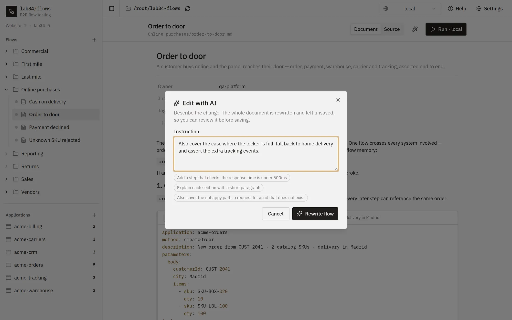 Edit with AI: describe the change and the document is rewritten, left unsaved for review
