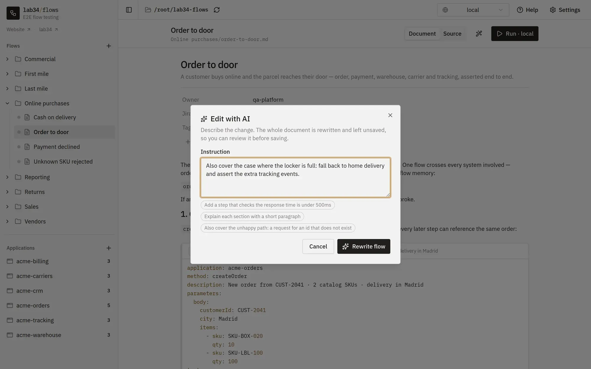 The 'Edit with AI' dialog over an open flow: an instruction asks to also cover the full-device case, with a Rewrite flow button and suggested example instructions.
